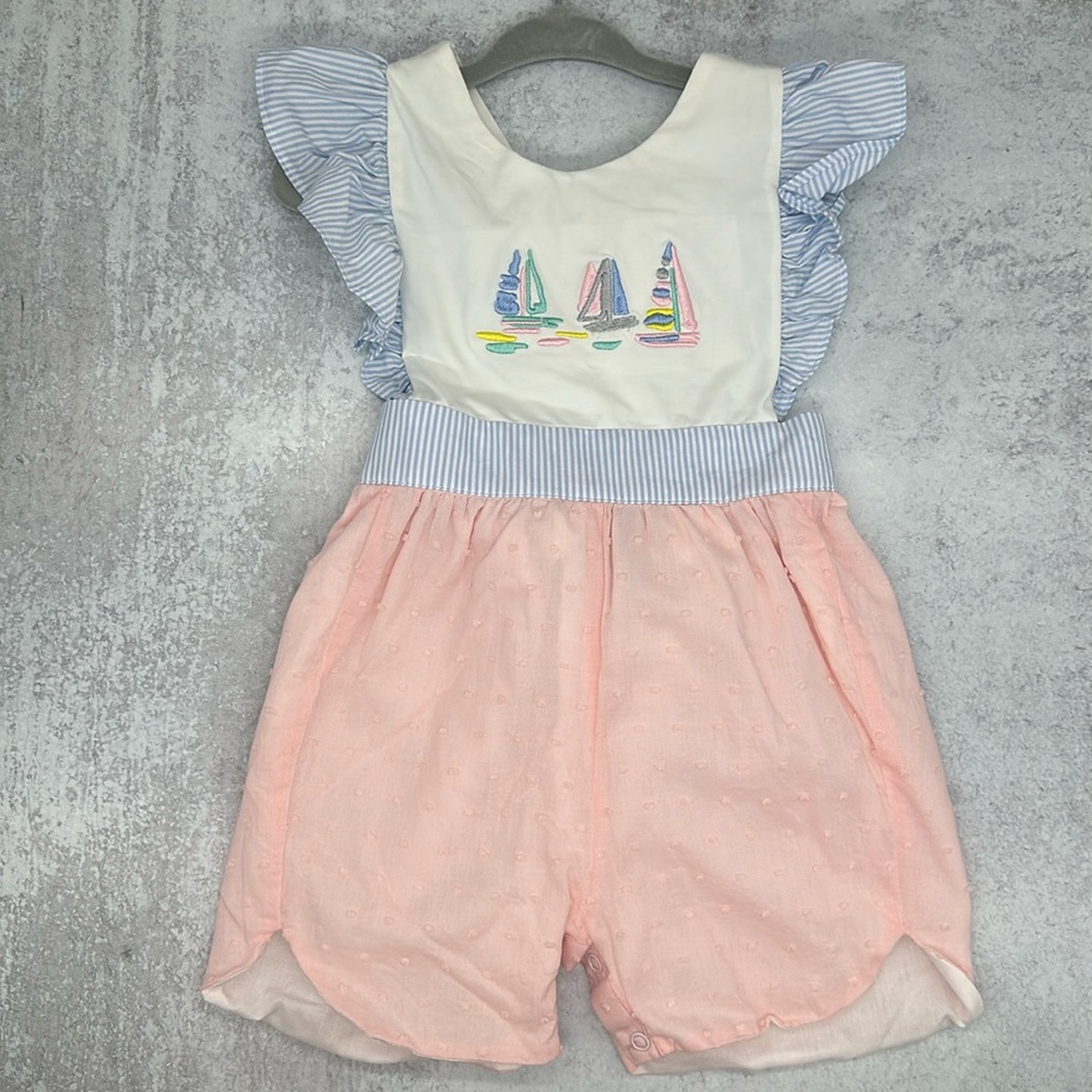 Embroidered Sailboat Romper with Cross-back and Adjustable Straps 24 months